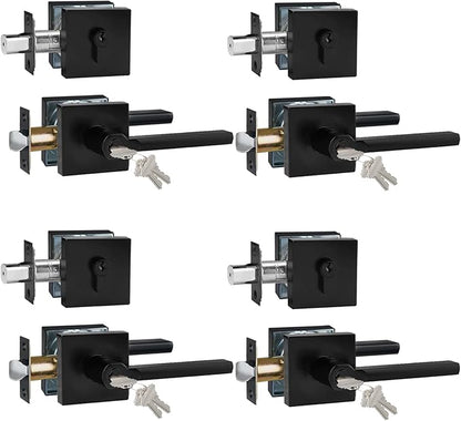Keyed Entry Door Handle with Single Cylinder Deadbolt, Keyed Alike(Same Keys Only Per Set) Front Door/Exterior Door Lever Lockset, Matte Black, 4 Sets of Locks with 4 Sets of Different Keys
