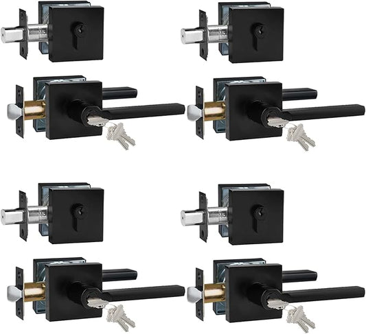 Keyed Entry Door Handle with Single Cylinder Deadbolt, Keyed Alike(Same Keys Only Per Set) Front Door/Exterior Door Lever Lockset, Matte Black, 4 Sets of Locks with 4 Sets of Different Keys