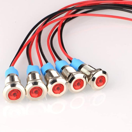 5pcs 8mm LED Metal Indicator Light AC/DC 12-24V Waterproof Signal Lamp Pilot Dash Directional with Wire(Red)