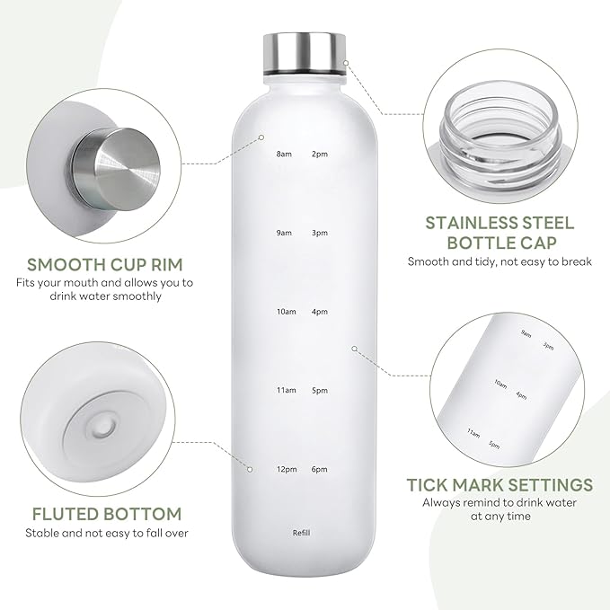 1L（33 oz） daily tracking schedule time hours reminder motivational day goals hydration capacity measured marker tracker plastic wide mouth measurements water bottle