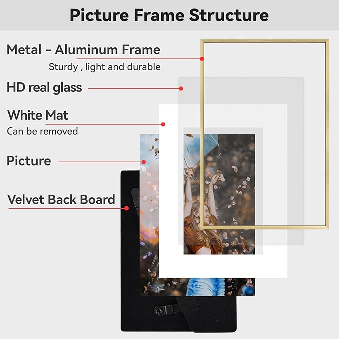 8x10 Picture Frame, Brass Aluminum Metal Photo Frames with HD Glass, Fits 5x7 with Mat or 8 x 10 without Mat, Display for Wall and Table