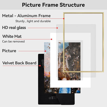 8x12 Picture Frame, Brass Metal Photo Frames with HD Glass, Fits 6x8 with Mat or 8 x 12 without Mat, Display for Wall and Table, 1 Pack