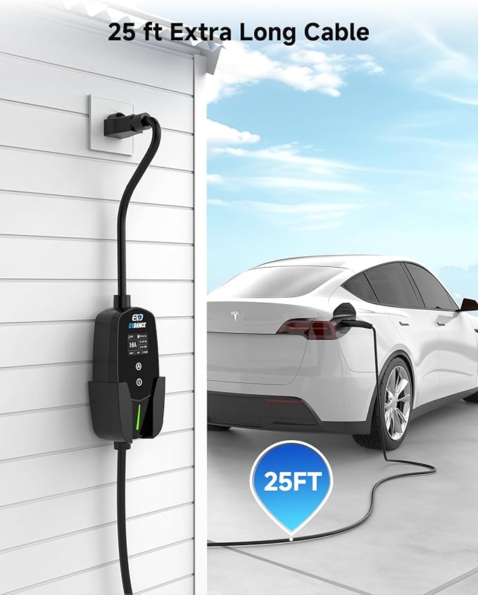 Level 1 & 2 EV Charger for Tesla 16A, Portable Electric Vehicle Charger with 25FT Cable, Adjustable Current & Timer Delay, NACS Connector Compatible with All Tesla Models S/3/X/Y/Cybertruck