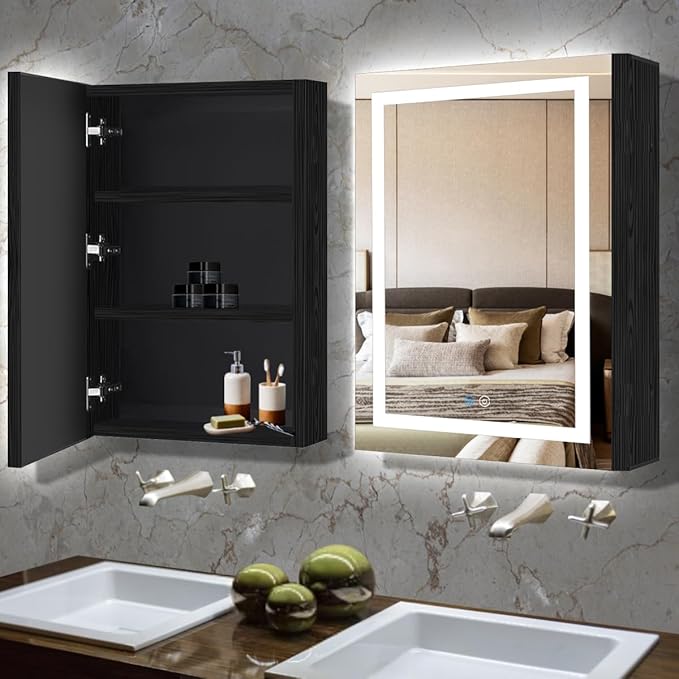 20 x 30 Inch Black Wood Led Medicine Cabinet Mirror with Lights Storage Wooden Cabinets Smart Memory 3 Color Dimmable AntiFog 30" Bathroom Lighted Medicine Cabinet with Mirror and LED Light