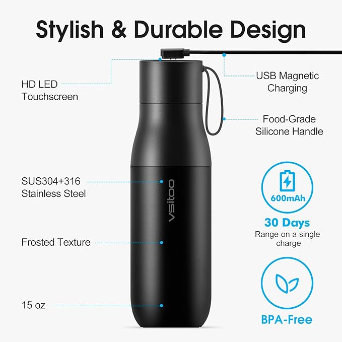 VSITOO 15oz Smart Self Cleaning Water Bottle，Insulated Water Bottle with Stainless Steel, BPA-Free, AI Self-Clean, 30-Day Battery, Magnetic Charging for Travel, Gym or Office, Black