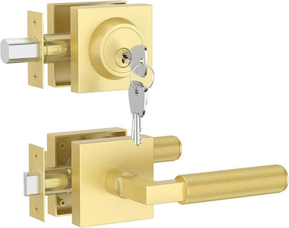 Asidrama Premium Gold Zinc-Alloy Front Door Lock Set: Double Cylinder Deadbolt, Heavy Duty Security Handleset for Left/Right Exterior Doors, Universal Entry Locks (1 Pack)