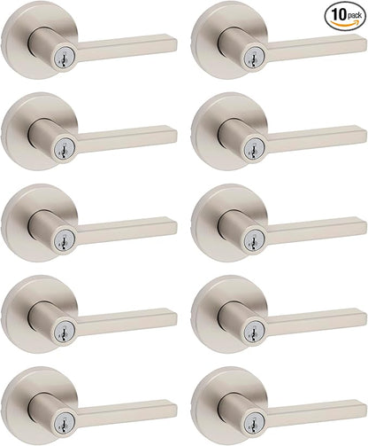 Kwikset Halifax Entry Door Handle with Lock and Key, Secure Keyed Reversible Lever Exterior, For Front Entrance and Bedrooms, Satin Nickel, 10 Pack, Pick Resistant SmartKey Rekey Security and Microban