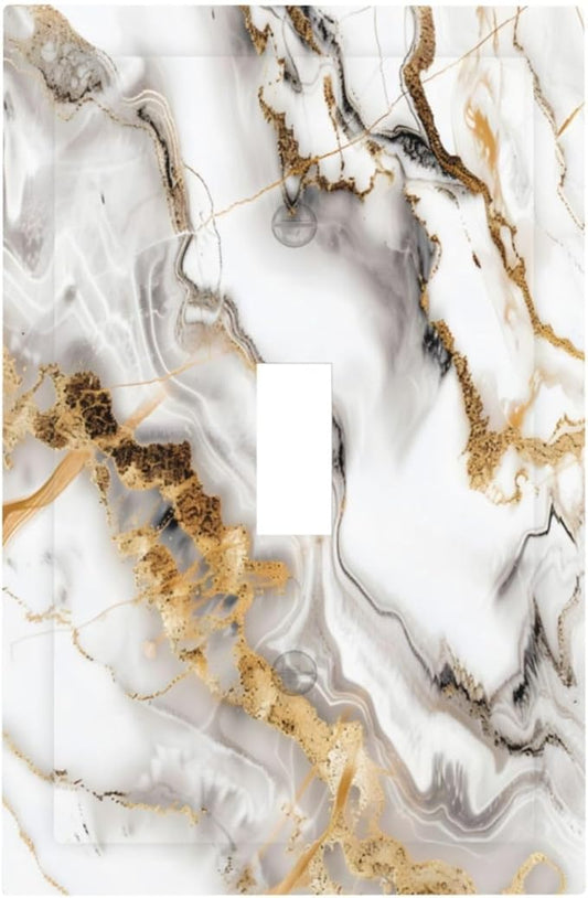 Luxurious Marble Abstract White Gold Tile Modern Simplicity Decorative Light Switch Cover 1 Gang Single Toggle Device Electrical Faceplate Switchplates Decorator Outlet Wall Plate for Bathroom Kitchen