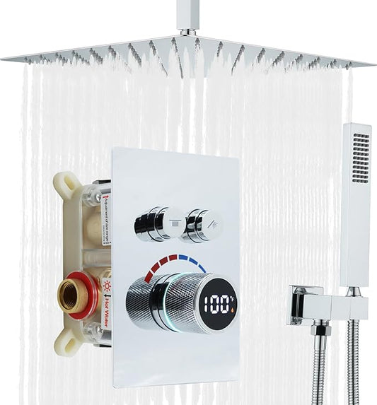 Digital Display Shower System Set 16 Inches Rain Fall Head Temperature Valve Shower Handheld Shower Head Sets for Bathroom Concealed Installation