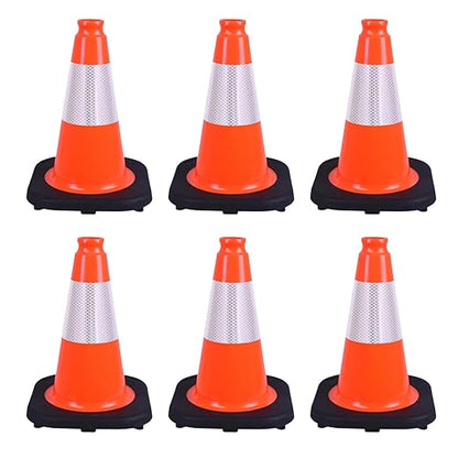 6 Pack 12" Orange PVC Safety Cones with Reflective Stripe, Black Base Stackable Training Cones for Soccer, Sports Drills, Gym, and Indoor or Outdoor Activities (6, Orange, 12 Inch)
