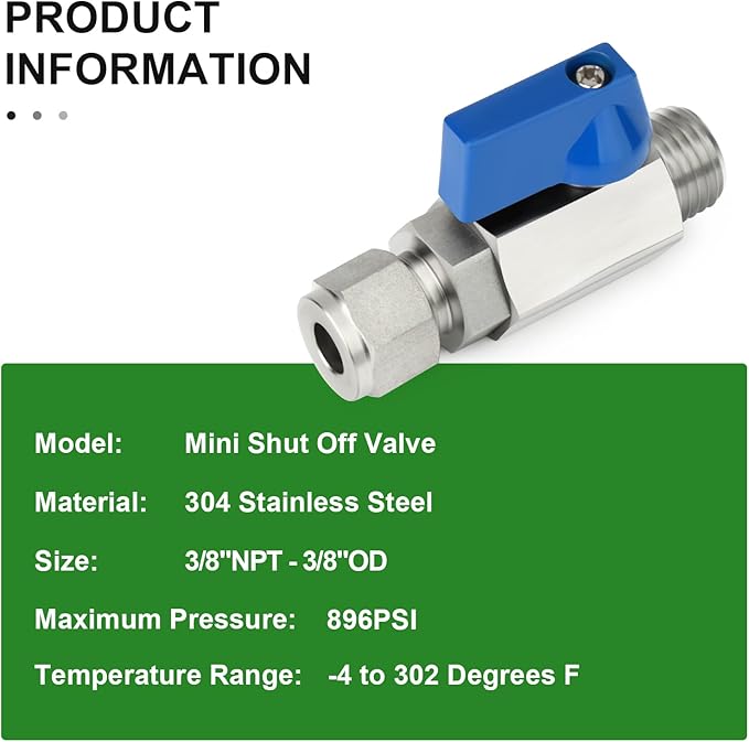 TAISHER 2PCS 304 Stainless Steel Compression Mini Ball Valve Shut Off Switch, 3/8" Tube OD x 3/8" NPT Male