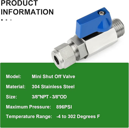 TAISHER 2PCS 304 Stainless Steel Compression Mini Ball Valve Shut Off Switch, 3/8" Tube OD x 3/8" NPT Male