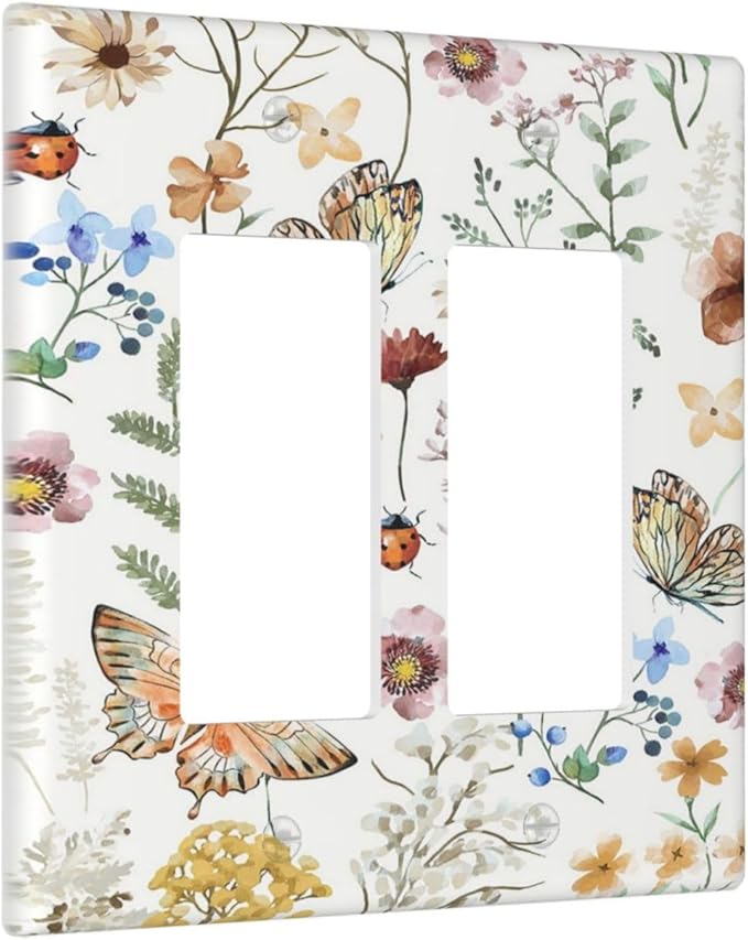 Decorative Outlet Covers Rustic White Butterfly Flowers Leaves 2 Gang Wall Plate Double Rocker Two Switch Wall Cover Plate Light Switch Cover Plate Faceplate for Country Bedroom Decor