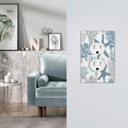 Blue Starfish Nautical Beach Conch Coastal Coral Shell Outlet Covers 1 Gang Duplex Light Switch Cover Decorative Switch Plates Electrical Receptacle Faceplate Wall Plate For Kids Room Bathroom Decor