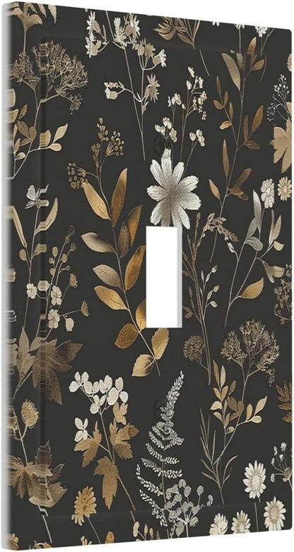 Decorative Light Switch Cover Black Gold Floral Dark Leaves Vintage Flowers 1 Gang Single Toggle Device Electrical Faceplate Switchplates Decorator Outlet Wall Plate for Bed Room Home