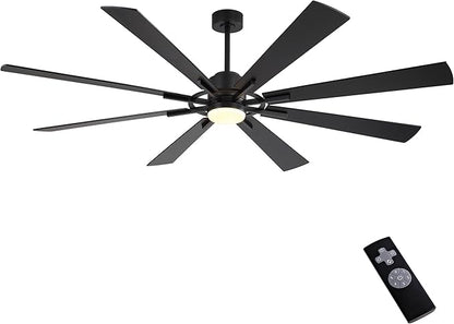 WINGBO 72" DC Ceiling Fan with Lights and 3 Downrods, Matte Black, 8 Plywood Blades, 6-Speed Reversible DC Motor, Large for Kitchen, Bedroom, Living Room
