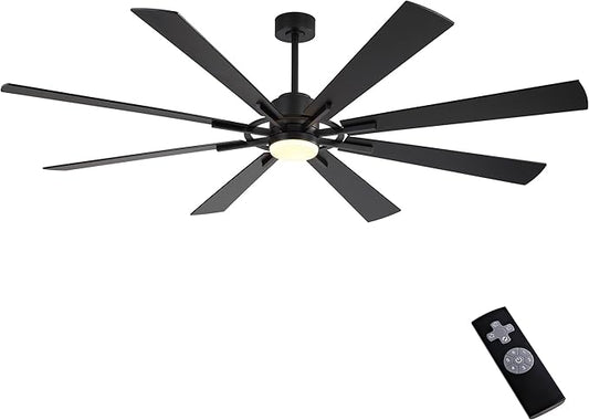 WINGBO 72" DC Ceiling Fan with Lights and 3 Downrods, Matte Black, 8 Plywood Blades, 6-Speed Reversible DC Motor, Large for Kitchen, Bedroom, Living Room