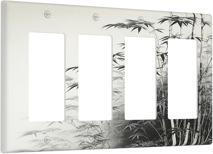 Watercolor Vintage Ink Bamboo Forest 4 Gang Wall Plates Outlet Covers Quad Rocker Light Switch Cover Plate Decorative Switch Plates GFCI Electrical Faceplate for Bathroom Bedroom Decor 4.5 X 8 IN
