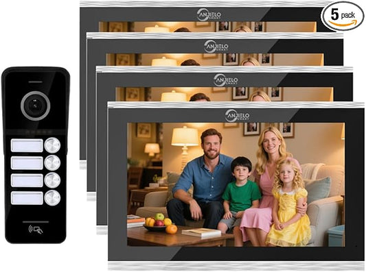 ANJIELO SMART Wired Video Doorbell Apartment Intercom System,4 Family Units 10 Inch Touch Monitor,3 in 1 Unlocking,Dual Way Intercom Motion Detection Tuya for Villa Home (1 Doorbell(b)+ 4 Monitor(s))