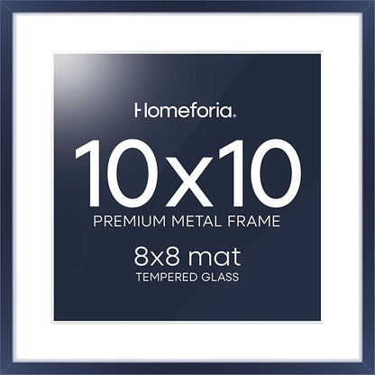 Homeforia 10x10 Picture Frame Navy Blue, High End Metal 10 by 10 Square Frames with Mat 8 x 8 Photo, 10by10 Poster Frame Matted to 8x8 Print, Wall or Tabletop Frame, Tempered Glass, Wall Kit, Set of 1