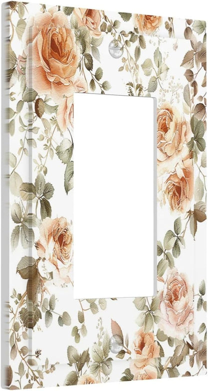 Decorative Outlet Covers Vintage Warm Color Orange Flowers And Leaves 1 Gang Single Rocker Light Switch Cover Plate Wall Plates GFCI Faceplate for Bedroom living Room Decor