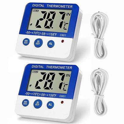 Fridge Freezer Thermometer Max/Min Memory High & Low Temperature Alarms Settings with LED Indicator Digital Refrigeration Thermometer with Magnetic,Stander 2 Pack