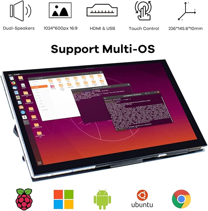 10.1" IPS LCD Capacitive Touch Screen HDMI Display Portable Monitor 1024X600 Built-in Dual Speakers for Raspberry Pi 5/4/3 Xbox PS4 Windows 7/8/10