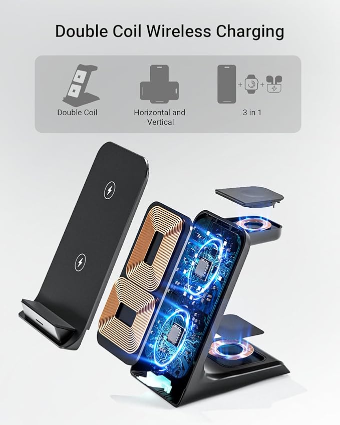 Wireless Charger for Thick Cases of 10MM/Otterbox/Popsocket Compatible, 3 in 1 Charging Dock for iPhone 17 16 15 14 13 Pro Max, Charging Station for Multiple Devices for Apple Watch/AirPods