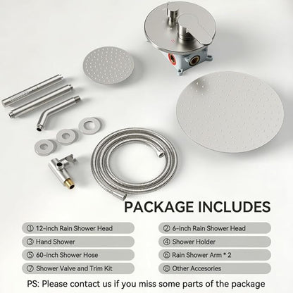 Shower Systems Shower Faucet Sets STARBATH 3 Way 12+6" Round Dual Rainfall Shower Head with Handheld Spray, Ceiling Mounted Rain Shower Valve with 5 Diverter and Trim Kit Complete, Brushed Nickel