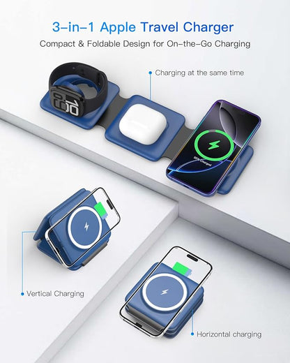 Charging Station for Apple Devices - 3 in 1 Magnetic Foldable Wireless Charger Dock - Travel Charging Pad for MagSafe iPhone 16 15 14 13 12 Pro Max Plus Watch & Airpods