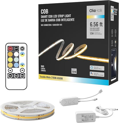 6.56ft Smart COB LED Strip Light, Tunable White 2700K-6500K Dimmable Bright WiFi Led COB Light Strip Compatible with Alexa and Google, White CCT COB Led Light for Kitchen Cabinet, Room