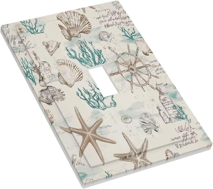 Mid Century Seashells Starfish Compass Decorative Light Switch Cover 1 Gang Single Toggle Device Electrical Faceplate Switchplates Decorator Outlet Wall Plate For Nursery Kids Room Decor