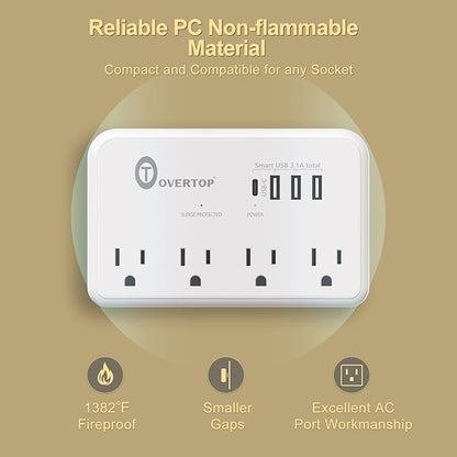 Overtop Wall Outlet Extender Surge Protector with 4 AC Outlets, 4 USB Ports(1 USB C) Multi Plug Expander Charger for Home, Dorm, Classroom, Travel