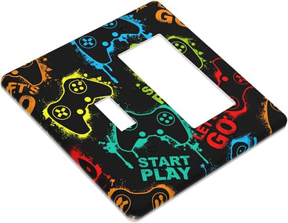 Decorative Outlet Covers Gamepad Theme Graffiti 2 Gang Wall Plate Single Toggle 1 Rocker Light Switch Cover Switch Plate Covers Faceplate for Game Room Bedroom Home Decor