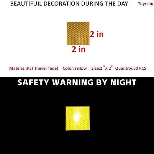 Non Fading Yellow Reflective Stickers 2 inch X 2 inch, Outdoor Waterproof High Visibility Warning Safety Adhesive Reflector Tape (50 Pcs)