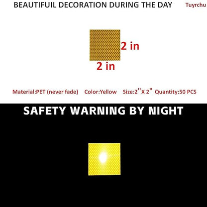 Non Fading Yellow Reflective Stickers 2 inch X 2 inch, Outdoor Waterproof High Visibility Warning Safety Adhesive Reflector Tape (50 Pcs)