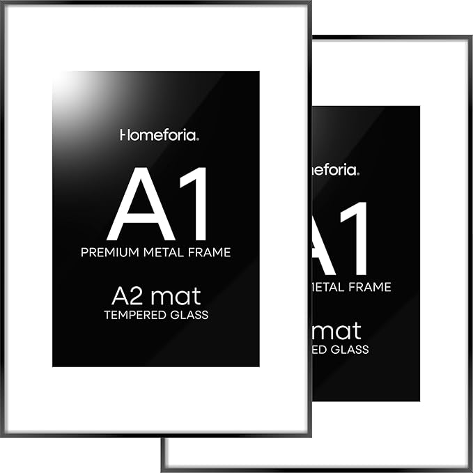 Homeforia A1 Poster Frame Black, High End Metal 23.4 x 33.1 inch Large Picture Frames with Mat 16.5 by 23.4 for Photo, A1 Size Frames Matted to A2 Print, 23.4x33.1 Thin Frame, Tempered Glass, Set of 2