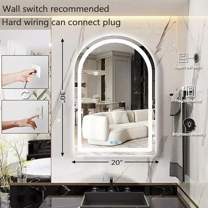 THEKLA 20 x 30 Inch LED Arched Mirror with Lights Memory 3 Color Adjustable Brightness Frontlight Arch Lighted Vanity Mirror for Bathroom Wall TableTop AntiFog 30" Bathroom Smart Arch Light up Mirrors