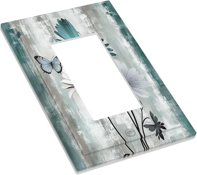 Decorative Outlet Covers Rustic Teal Daisy Floral Flowers Butterfly Wood Grain 1 Gang Single Rocker Light Switch Cover Plate Wall Plates GFCI Faceplate for Bathroom Bedroom Decor