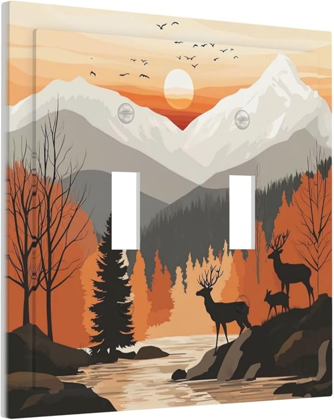 Sun Forest Deer Snow Mountain River Decorative Switch Plates 2 Gang Double Toggle Outlet Light Switch Cover Wall Plate Electrical Faceplate For Bed Room Living Room Decor
