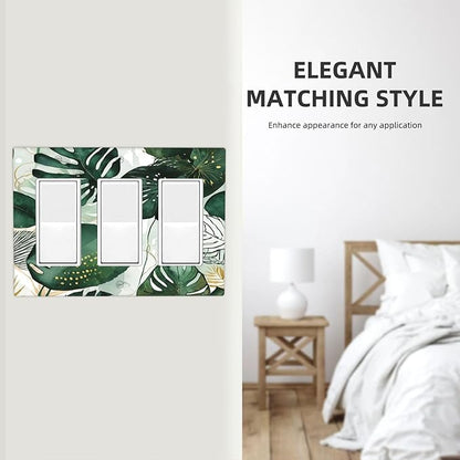 Light Switch Covers Boho Tropical Leaves 3 Gang Rocker Electrical GFCI Decorative Triple Outlet Wall Plate Cover Switchplate for Bedroom Bathroom Decor