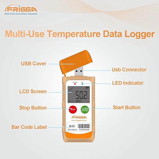 Frigga M2D 5 Pack Multi-Use Temperature Data Logger USB Digital Temperature Recorder Reusable 14400 Points High Accuracy Thermometer Logger PDF CSV Report