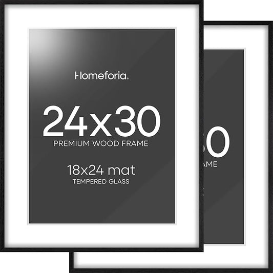 Homeforia Poster Frame 24x30 Black, High End Oak 24x30 Wooden Picture Frames with Mat 18x24 in Photo, 24 x 30 Large Wood Frame Matted to 18 by 24 Print, 30x24 Frame, Tempered Glass, Wall Kit, Set of 2