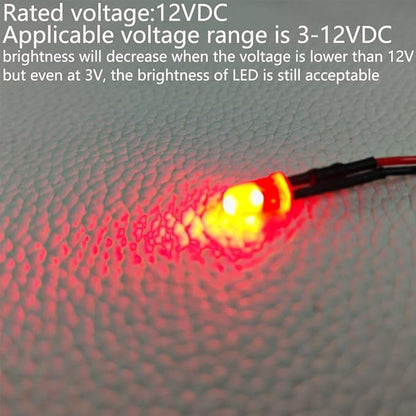 50pcs 3V-4.5V-5V-6V-7.5V-9V-12VDC 5mm Red LED Lights Emitting Diodes, 12VDC Prewired 7.9 Inch V LED Light Diffused Colored Lens Small LED