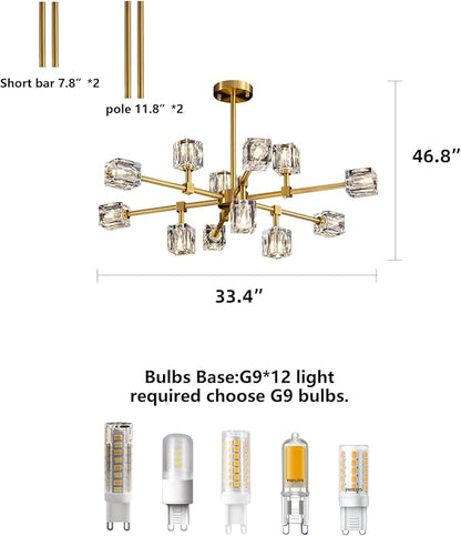 Crystal Chandeliers for Dining Room Light Fixtures,Gold Sputnik Chandelier with 12-Lights,Modern Adjustable Height Semi Flush Mount Ceiling Light Fixture for Kitchen Island Bedroom Entryway