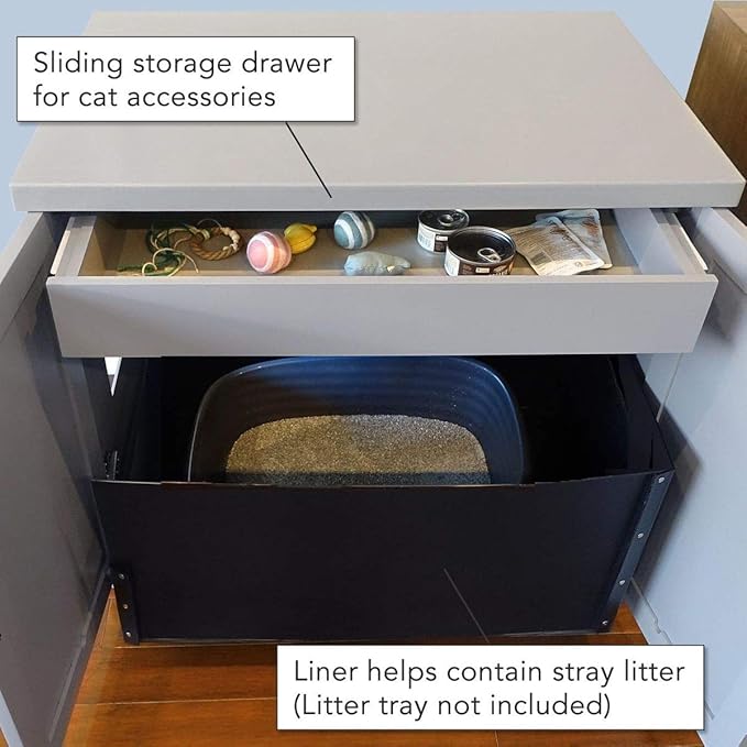 THE REFINED FELINE Cat Litter Box Enclosure Cabinet, Shaker, Smoke Gray, Adjustable Levelers, Large, Hidden Litter Cat Furniture with Drawer