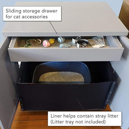 The Refined Feline Cat Litter Box Enclosure Cabinet, Shaker, Smoke Gray, Mid-Century Feet, Large, Hidden Litter Cat Furniture with Drawer