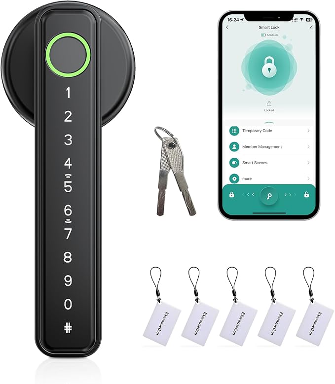 Fingerprint Door Lock Smart Door Lock with Keypad Keyless Entry Door Lock with Handle for Home Hotel Office Apartment Bedroom with Alexa (Black app Unlock) Ekwansetion