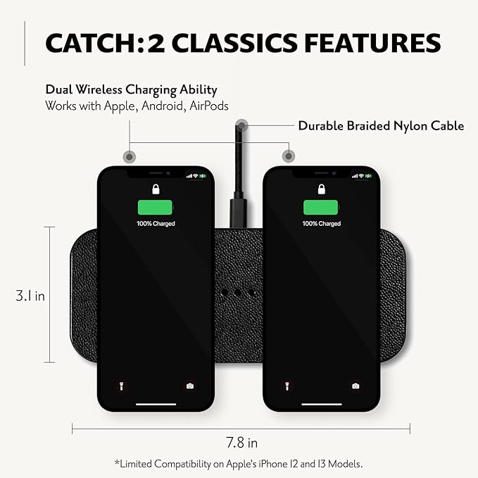 Courant Catch:2 Classics - Italian Leather Dual Wireless Charging Pad - Compatible with iPhone 11, X, SE, Galaxy S23, S22, S21, S20, Note, AirPods, AirPods Pro (Black)