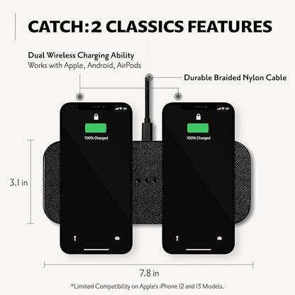 Courant Catch:2 Classics - Italian Leather Dual Wireless Charging Pad - Compatible with iPhone 11, X, SE, Galaxy S23, S22, S21, S20, Note, AirPods, AirPods Pro (Black)